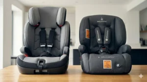Comparison between a traditional rigid car seat and a lightweight inflatable booster seat for travel in the UK.