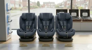 Alt text for image 7: Three premium blue child seats displayed on a wooden platform inside a showroom with labels reading seat one, seat two, and seat three against a large window overlooking a British street.
