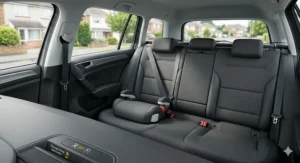 Diagram showing the safest placement for a child in a backless booster seat in the rear of a vehicle, away from front-passenger airbags.