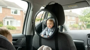 Close-up of shatterproof baby car mirror frame for added safety.