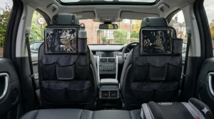 Alt text for image 6: A demonstration showing how to secure the adjustable straps of a car seat organiser to the headrest for a stable fit.