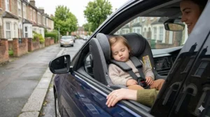 A 360-degree rotating car seat in a 3-door car, showing ease of access for parents in tight parking spaces.