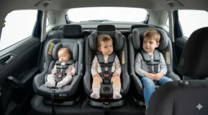 Three narrow car seats fitted across the back bench of a family-sized hatchback.