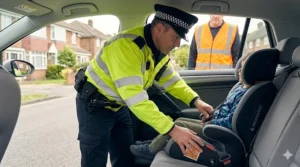 A conceptual illustration of a UK legal inflatable booster seat meeting British road safety and Highway Code standards.