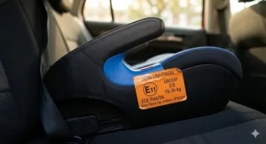 Illustration of the orange ECE R44/04 safety approval label required for all booster seats sold and used in the UK.