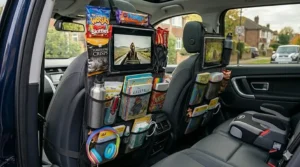 Alt text for image 9: A car seat organiser demonstrating a universal fit compatible with the interior of various car makes and models.