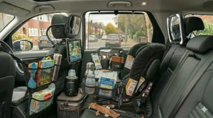 A waterproof car seat kick mat attached to the back of the front seat, protecting the upholstery from muddy shoes and scuffs.