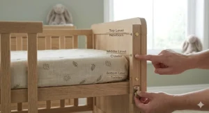 Diagram showing the three height levels of a standard cot base for newborns and toddlers.