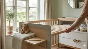 Technical diagram showing the adjustable base positions of a mini cot bed for growing babies.