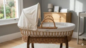 Side profile view of a wicker moses basket highlighting the adjustable hood, positioned in a quiet, well-lit nursery corner.