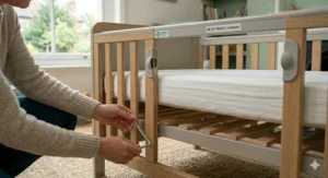 A parent adjusting the cot base height to the lowest setting for an older, mobile baby.