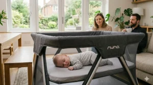 A baby sleeping soundly in a mesh-sided pop-up travel cot at home.