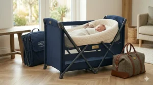 A bedside travel cot with a drop-down side panel positioned securely next to a standard adult bed.