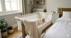 A bedside crib securely attached to an adult bed for safe co-sleeping.