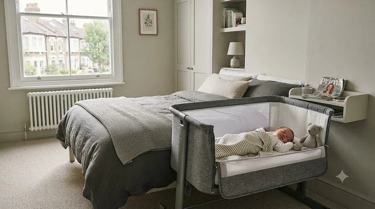 A selection of the best bedside cribs in a modern UK bedroom, showing next-to-me sleep setups. best bedside cribs