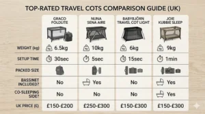 A comparison chart detailing the weight, setup time, and features of the best travel cots available in the UK.