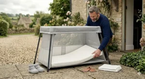 Detailed view of the breathable mesh fabric on the sides of the lightest travel cot.