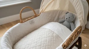 Close-up of a soft, breathable cotton liner fitted inside a wicker moses basket, ensuring a cosy and safe sleep environment for a newborn.