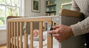 Close-up of a parent checking the locking mechanism on a drop-side cot to ensure it is secure.