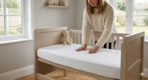 Illustration of a firm, breathable mattress fitted inside a newborn cot bed