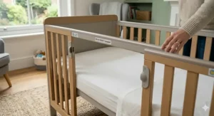A baby sleeping on their back in a clear cot with no loose bedding, pillows, or toys.