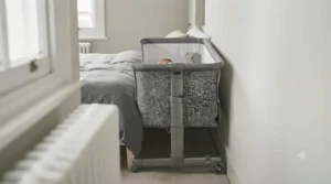 A compact bedside crib fits perfectly in a small bedroom next to a double bed.