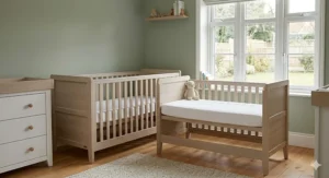 Space-saving cot bed suitable for smaller UK nursery layouts