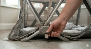 Lightweight travel cot partially folded to show compact storage size.
