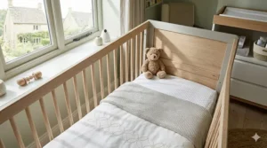 A mini cot bed tucked neatly into the corner of a room, demonstrating space efficiency.