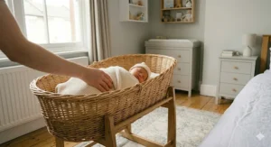 A newborn sleeping in a compact Moses basket on a sturdy rocking stand.