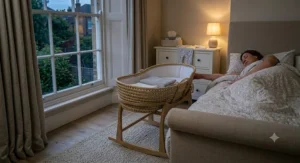 A palm Moses basket placed conveniently in a cosy parents' bedroom for night-time feeds.