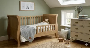 A compact sleigh cot bed design suitable for smaller nursery spaces.