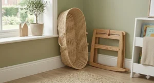 A compact, easily foldable Moses basket showing how it can be stored when not in use.