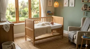 A newborn baby sleeping safely in a high-position convertible cot bed.