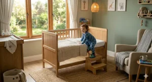 A toddler climbing into their converted cot bed after the side rail has been removed.