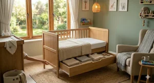 A convertible cot bed featuring a convenient under-bed storage drawer for nursery essentials.