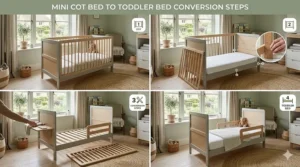 A multi-stage illustration showing a mini cot bed converting into a toddler bed.