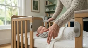 A firm, flat, and waterproof mattress fitting snugly inside a cot with no gaps at the edges.