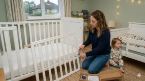 A parent using an Allen key to disassemble the side rails of a cot bed for conversion.
