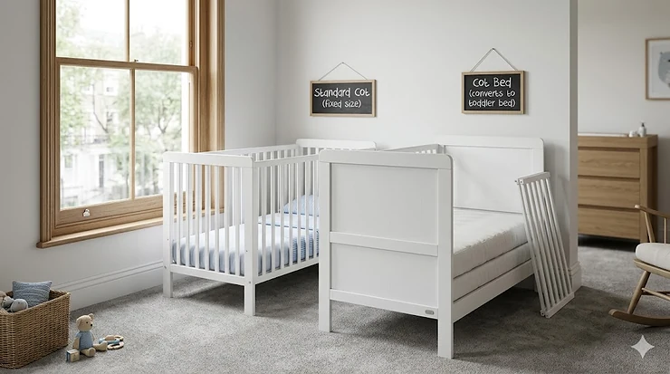 A side-by-side comparison of a standard cot and a cot bed to help parents decide which is better for their nursery. cot bed vs cot which is better