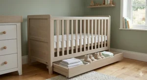 Newborn cot bed featuring a handy under-bed storage drawer for baby essentials