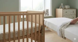 An illustration showing the correct, tight fit between a standard cot mattress and the cot frame.