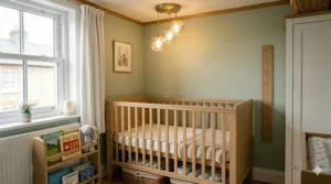 A space-efficient nursery layout featuring a cot tucked into the room corner.