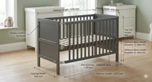 A technical diagram displaying standard UK cot size dimensions for nursery planning.