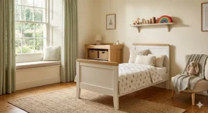 A beautifully decorated, cosy nursery featuring a versatile convertible cot bed and soft textiles.