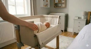 A bedside crib with the drop-down side panel lowered for easy night-time feeding.