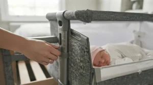 A bedside crib with a drop-down side panel for easy access during night-time feeds.