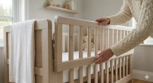 Ergonomic cot bed design featuring easy-reach drop-side mechanism