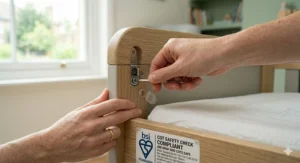 A parent performing a regular safety check on the bolts and side rails of a wooden drop-side cot.