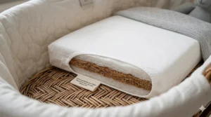 A cross-section detail shot of a firm, hypoallergenic mattress designed for a wicker moses basket, showing natural coconut coir filling.